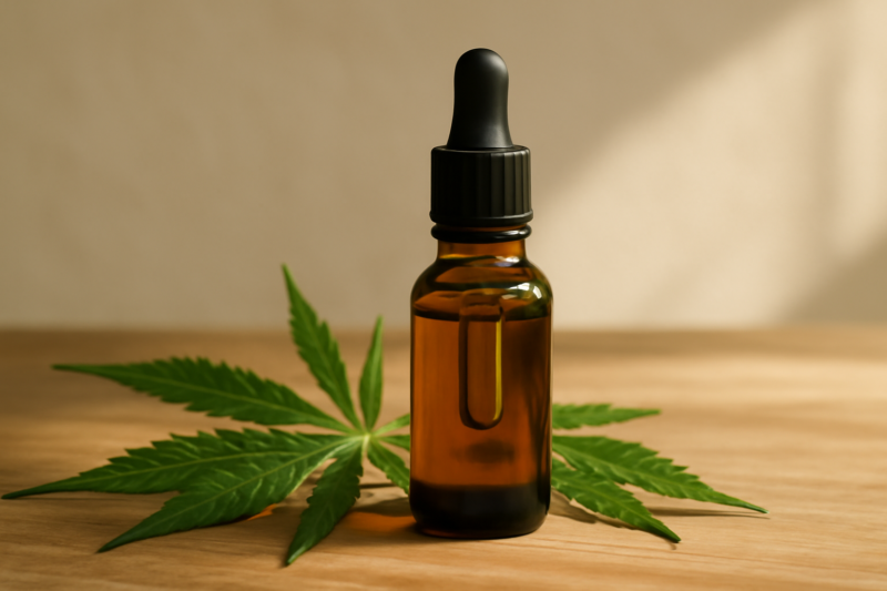 Glazen flesje CBD olie op een houten ondergrond met hennepbladeren ernaast