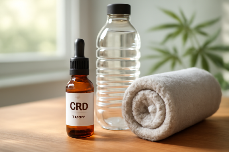 Flesje CBD olie op een houten tafel naast een sporthanddoek en waterfles