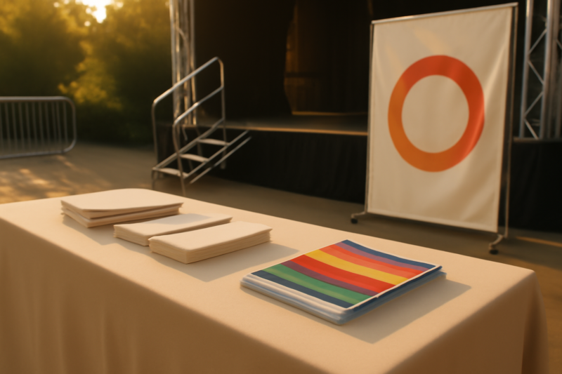Gedrukte evenementenmaterialen zoals banners, flyers en programmaboekjes op een buitenevenement