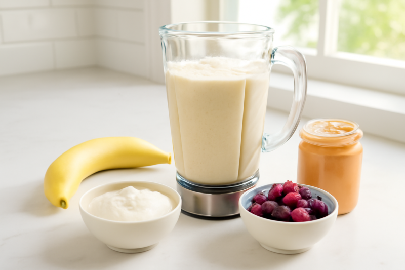 Zelfgemaakte eiwitshake in blender met kwark, banaan en pindakaas op aanrecht