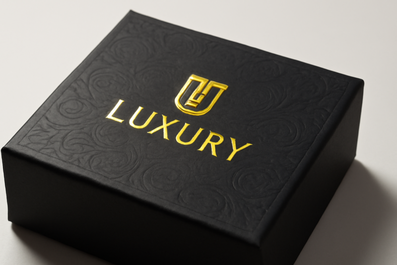 Luxe verpakking met gouden foliedruk en reliëf op mat zwart karton
