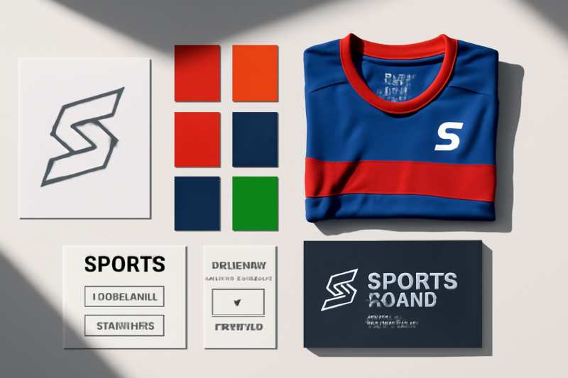 Visuele identiteit sportmerk: logo-ontwerp, kleurpaletten en drukwerk naast sportkleding