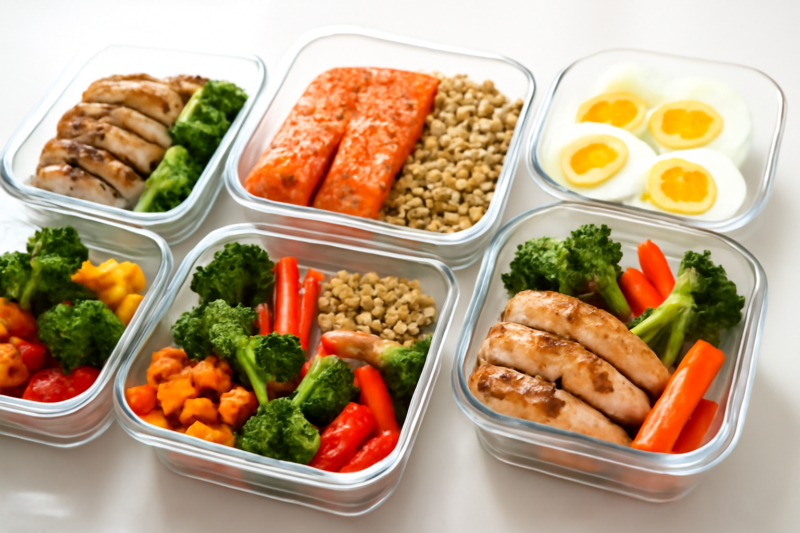 Meal prep containers met high protein maaltijden voor een volledig weekmenu