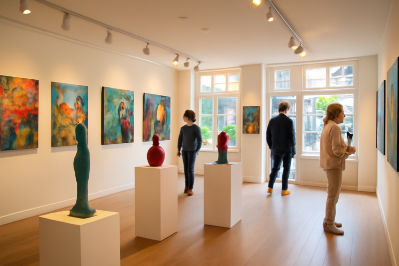 Bezoekers bekijken schilderijen en sculpturen in een galerie in Twente