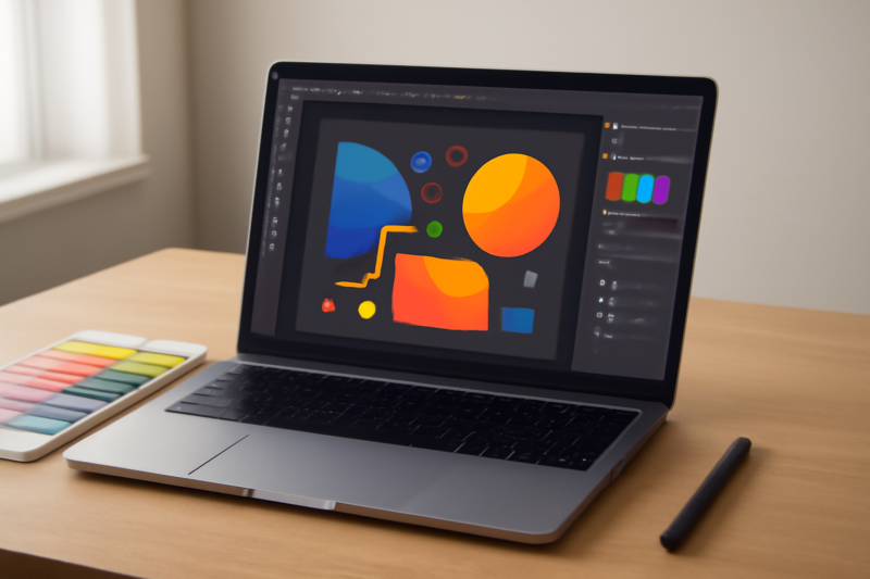 Laptop voor grafisch ontwerpers op een bureau met designwerk op het scherm