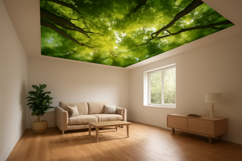 Spanplafond met foto-opdruk van een bos in een moderne woonkamer