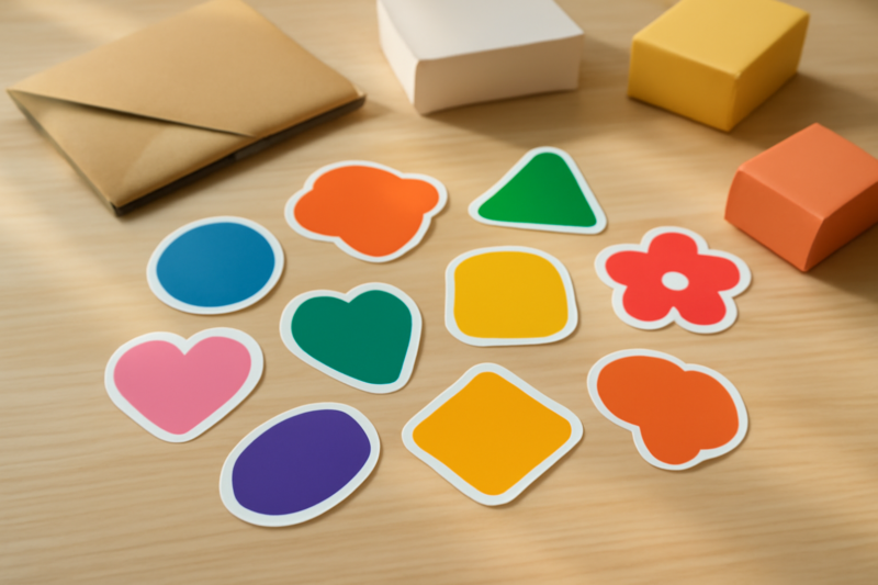 Kleurrijke kunststickers als marketingtool op een houten bureau naast productdozen