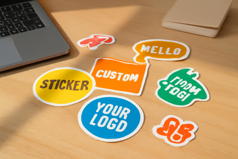Diverse eigen gedrukte stickers in verschillende vormen en kleuren op een houten bureau