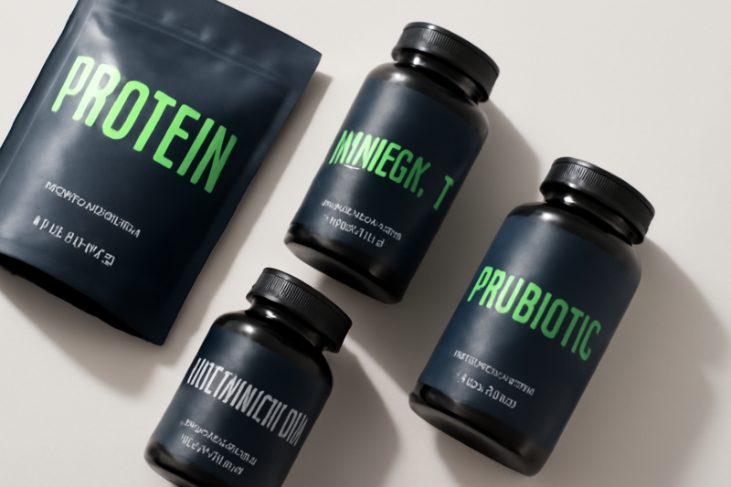 Drie stijlvolle supplementenverpakkingen met modern grafisch design op witte achtergrond