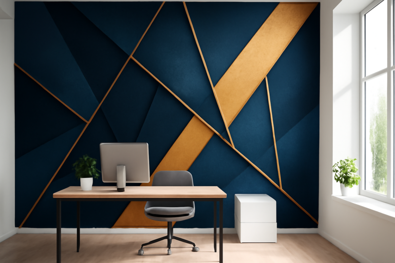 Grote wandprint op maat in een modern kantoorinterieur met geometrisch ontwerp
